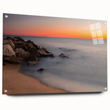 Large abstract wall art depicting Delaware scenery in muted blue and green tones on acrylic glass.