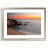 Textured abstract art print of Delaware scenery in muted earth tones, framed in silver, ideal for bedroom art.