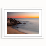Abstract art print of Delaware scenery in muted earth tones, framed with a white mat, suitable for dining room decor.