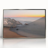 Mid-century modernist art depicting Delaware scenery in muted earth tones on a silver-framed acrylic print.