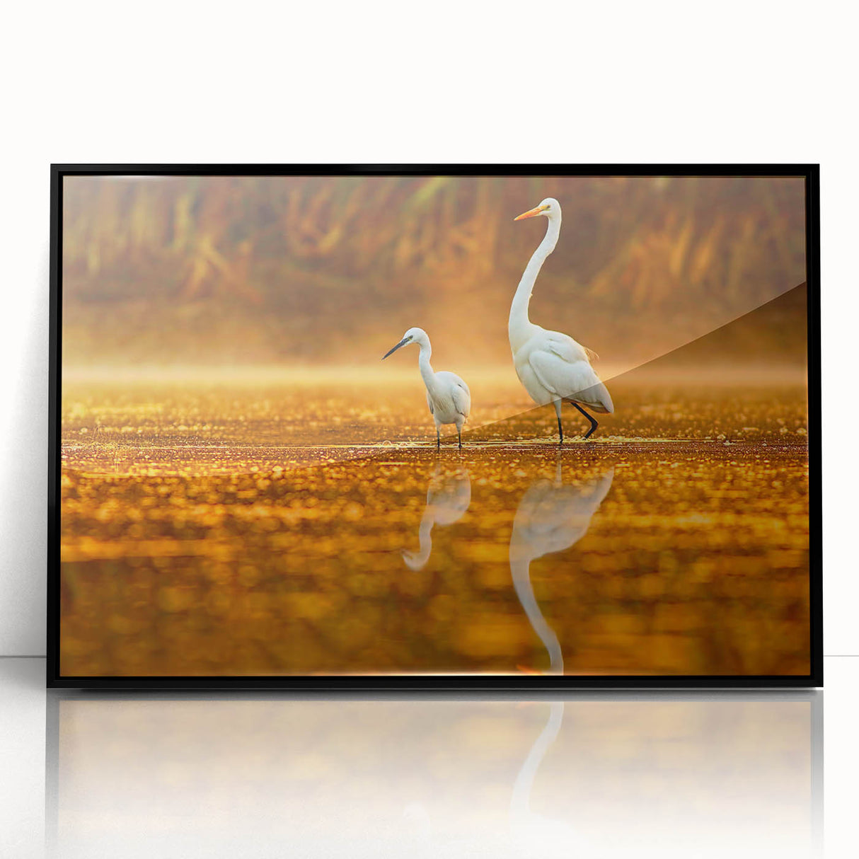 Large abstract wall art depicting the Everglades in muted green and blue tones, framed in black acrylic.