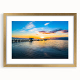 Extra large abstract art print depicting a textured Florida Keys scenery in muted blue and green tones, framed in gold.