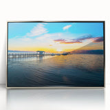 Mid-century modernist art depicting the Florida Keys in muted blues and greens on a framed acrylic print.