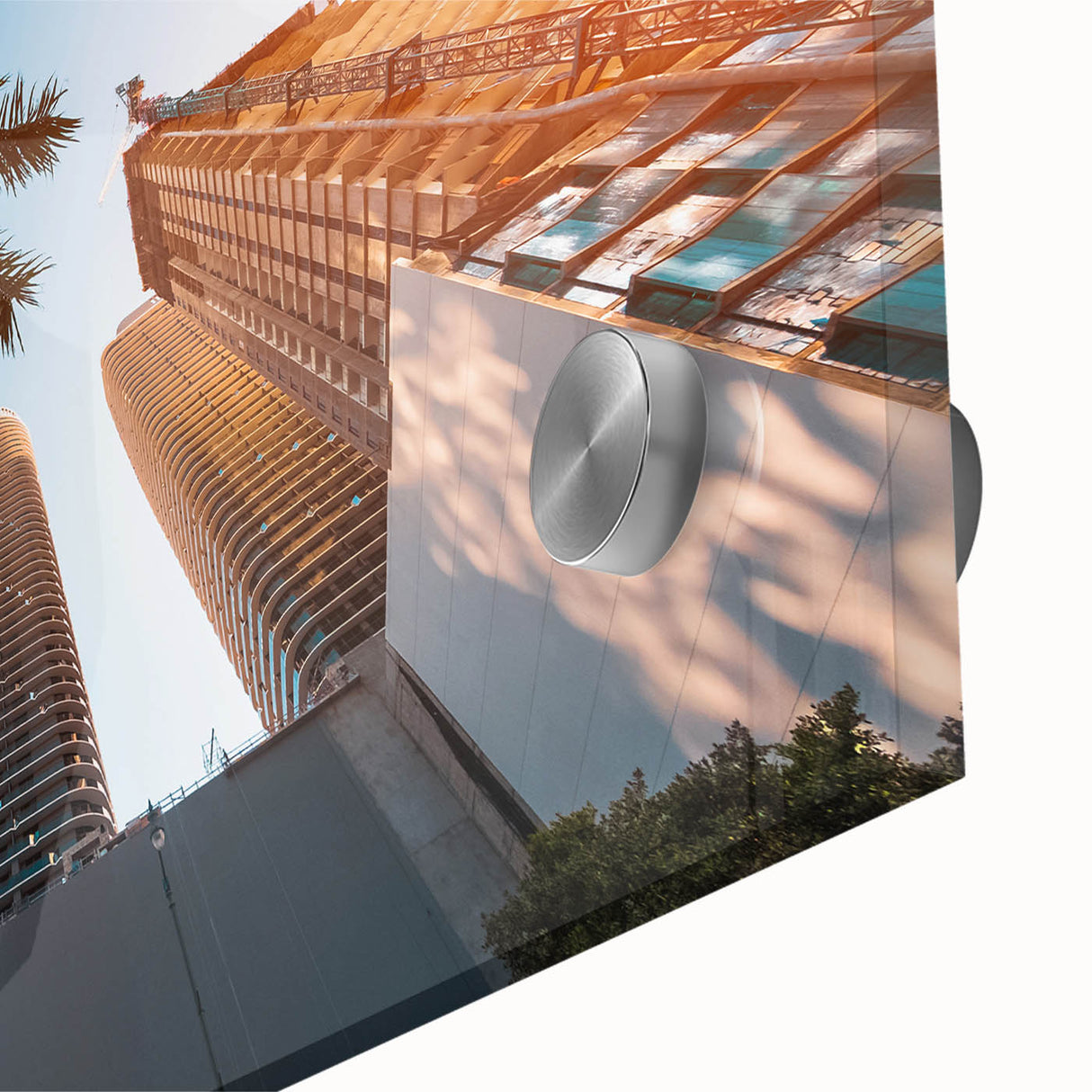 Large abstract wall art depicting a Miami skyline in vibrant orange and teal hues on acrylic glass.