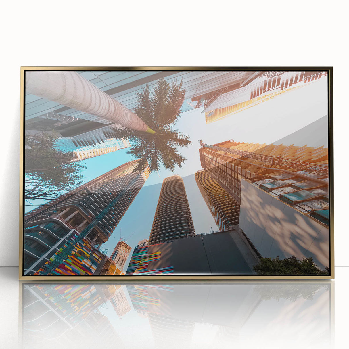 Large art print of Miami skyline in gold and blue tones on framed acrylic, suited for modern art wall decor.