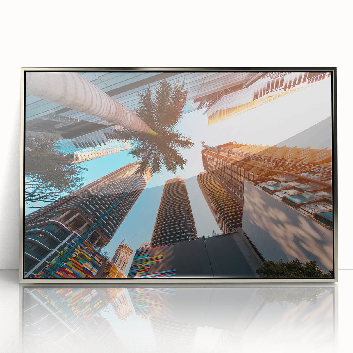 Mid-century modernist art depicting Miami skyline in pastel shades on silver-framed acrylic, ideal for nursery wall art.