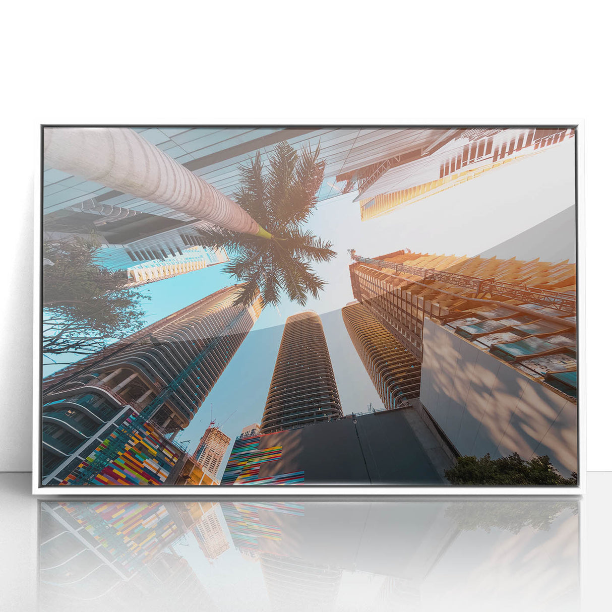 Art deco poster of Miami skyline in pastel shades, framed in white acrylic, suitable for nursery wall art.
