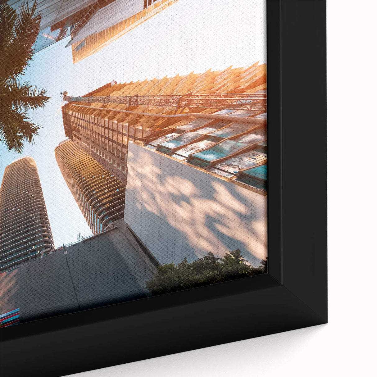 Close-up of a black wall art canvas depicting textured, colorful Miami scenery, ideal for living room decor.