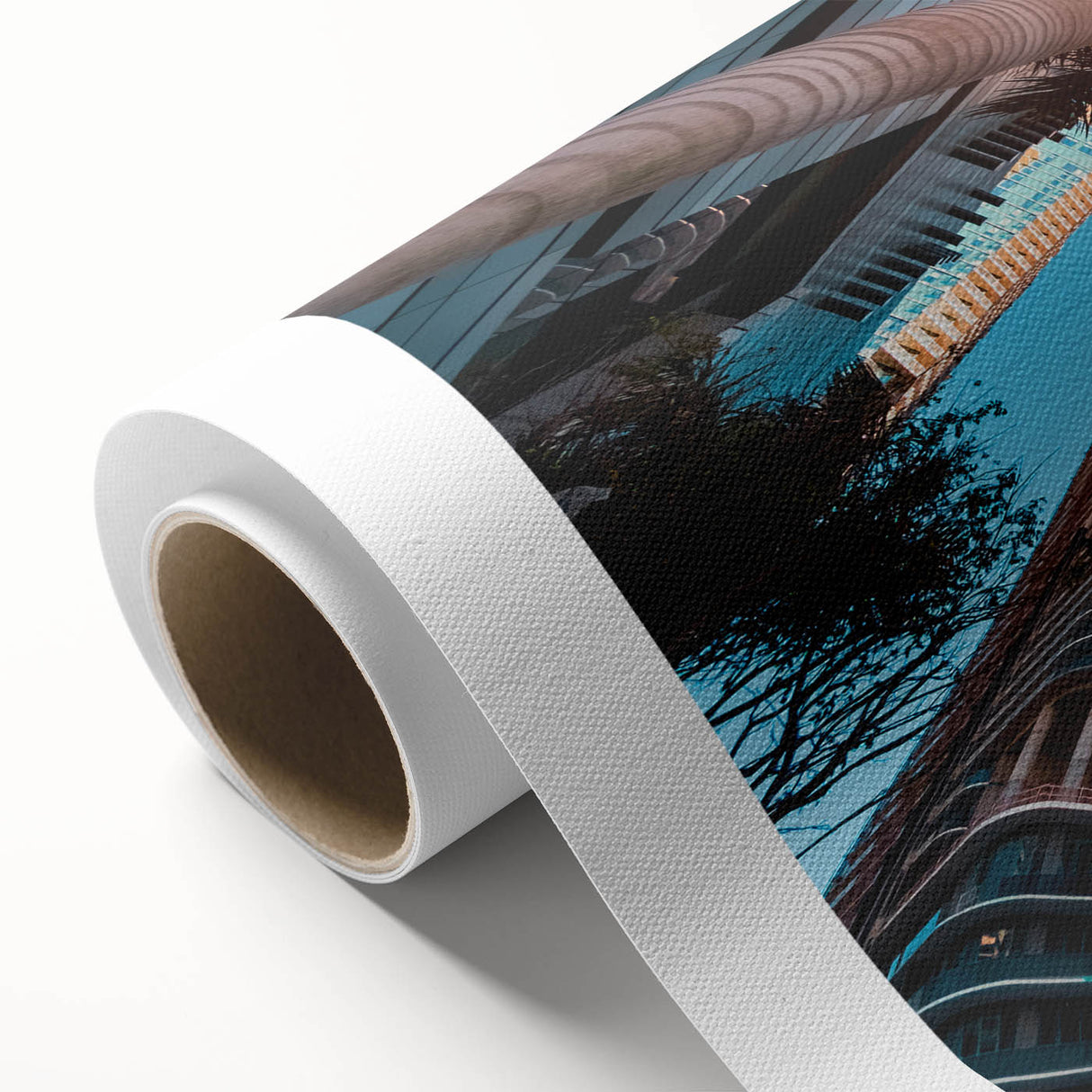 Art deco poster of Miami skyline in pastel pink and blue on rolled canvas, suitable for nursery wall art.