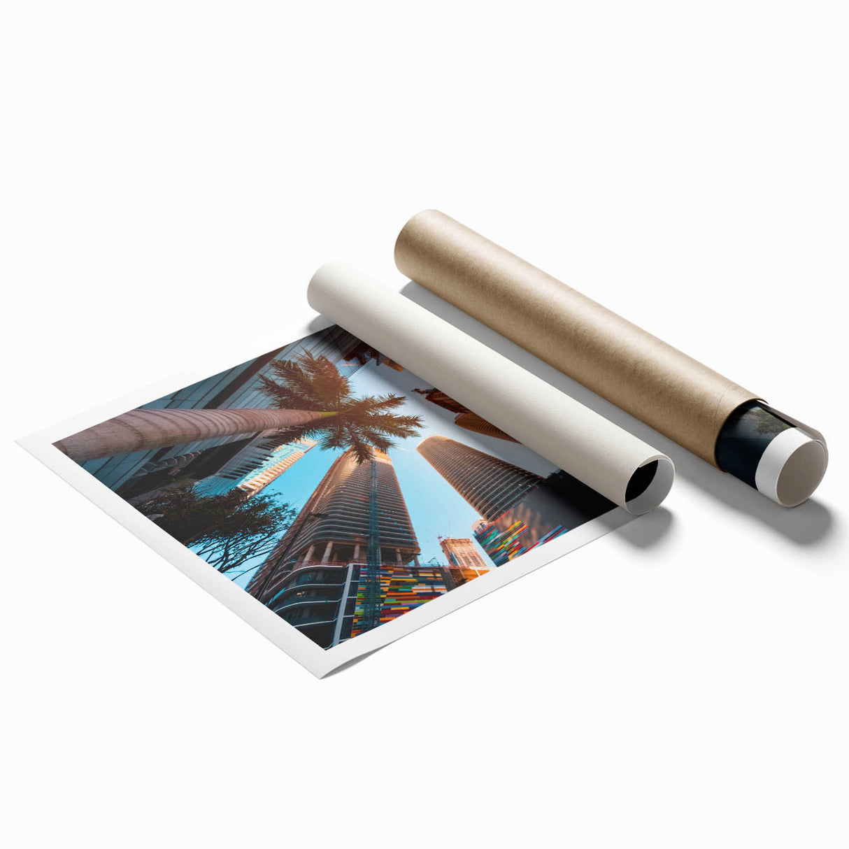 Extra large rolled print of Miami scenery with vibrant floral art, ideal for classy bathroom or large living room decor.