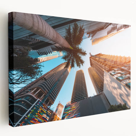 Side view of a large canvas print featuring the Miami skyline in vibrant twilight hues, ideal for kitchen wall art.