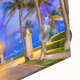 Large abstract wall art of Palm Beach with muted pastel shades on acrylic glass, ideal for dining room ambiance.