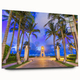 Large abstract wall art depicting a serene Florida palm beach scene in soft pastel shades on acrylic glass.