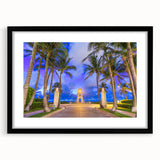 Extra large abstract art print of a colorful Florida Palm Beach scene on textured canvas, framed in black.