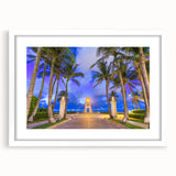 Abstract art print of Palm Beach with soft blue and pink hues on a white framed mat.