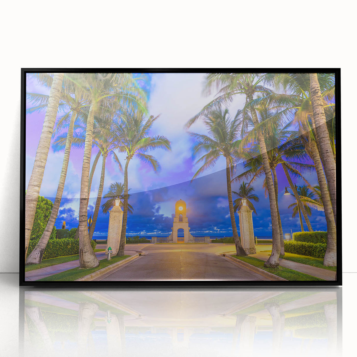 Large abstract wall art featuring a stylized Florida palm beach scene in muted blue and green tones on a framed acrylic.