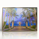 Mid-century modernist art of Palm Beach with muted gold and blue tones on framed acrylic, ideal for modern art wall decor.