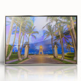 Mid-century modernist art depicting Florida's Palm Beach with vibrant blue and green tones on a framed acrylic print.