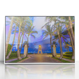 Art deco poster of Palm Beach with vivid blue and pink tones on framed acrylic, ideal for modern nursery wall art.