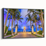 Black and white vintage poster art of Palm Beach landscape on framed canvas, ideal for bedroom wall decor.