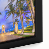 Black wall art depicting Palm Beach with colorful, textured design on a framed canvas, ideal for a living room.