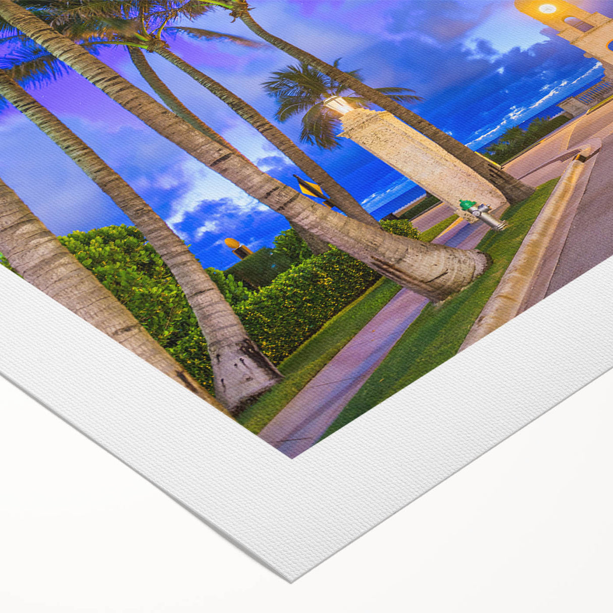 Art deco poster featuring a vibrant sunset over Palm Beach on rolled canvas, suitable for dining room wall art.