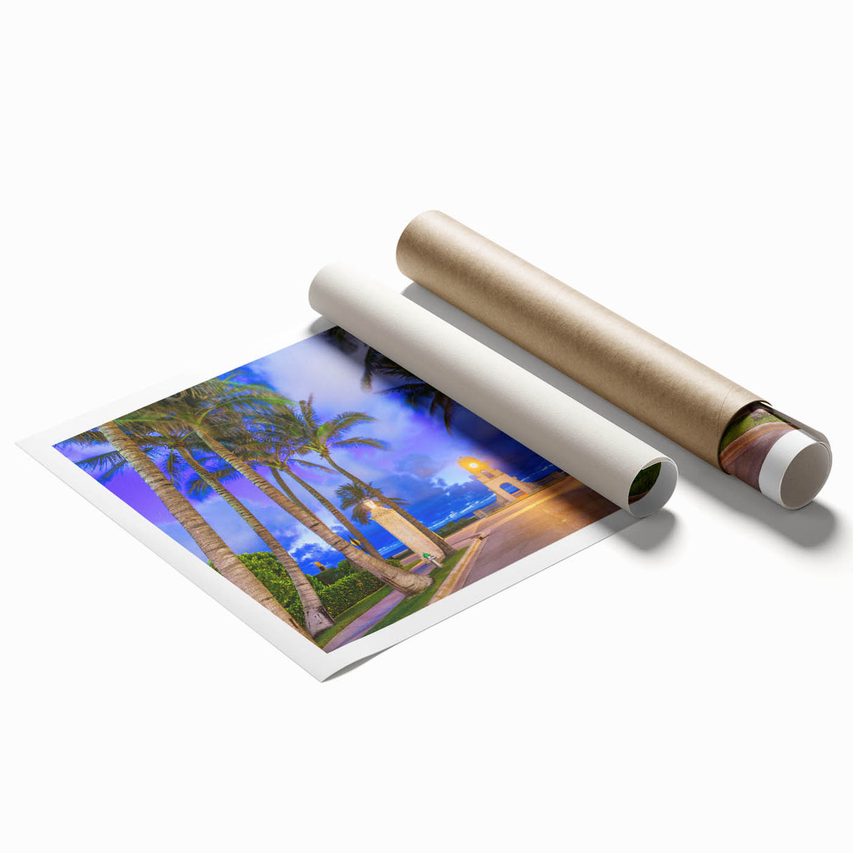 Extra large rolled print of Palm Beach with vibrant floral elements, ideal for classy bathroom wall art.