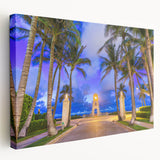 Palm trees and sunset over Florida beach on a large stretched canvas, with warm orange and blue tones.