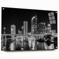 Acrylic print of Tampa skyline in muted gray and blue tones, suitable for bedroom or dining room decor.