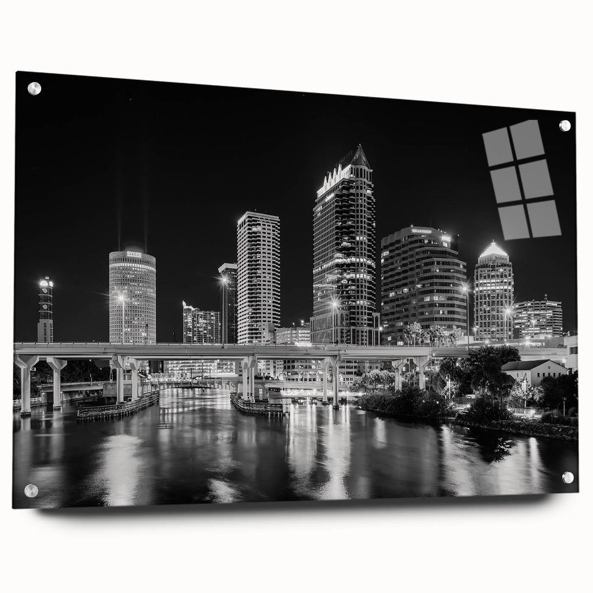 Acrylic print of Tampa skyline in muted gray and blue tones, suitable for bedroom or dining room decor.