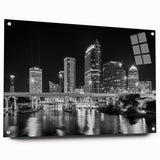 Acrylic print of Tampa skyline in muted gray and blue tones, suitable for bedroom or dining room decor.
