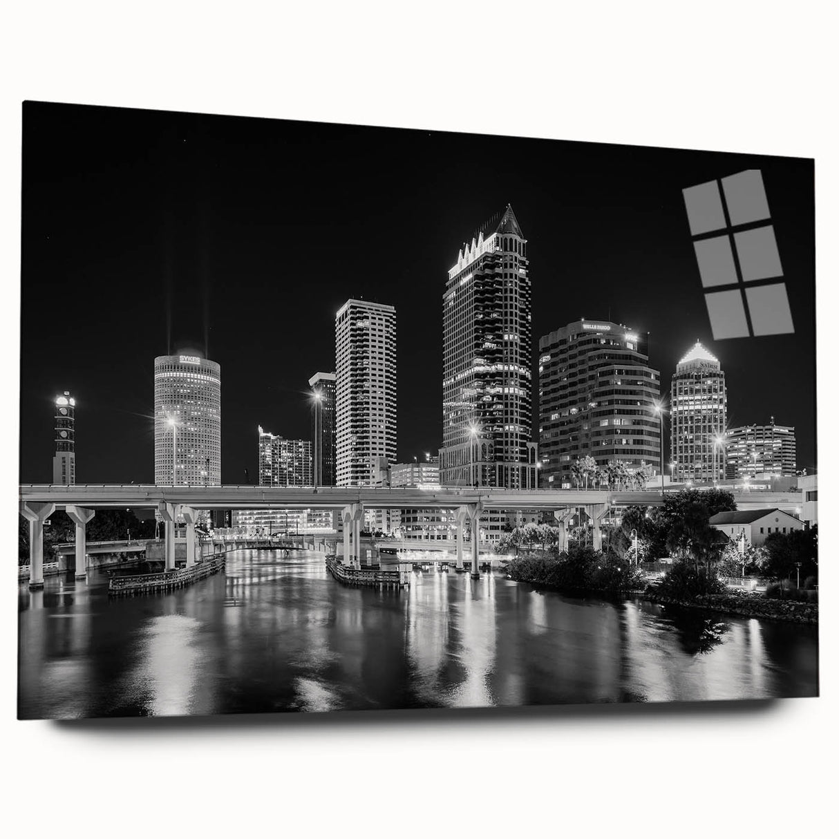 Acrylic print of a large abstract depiction of Tampa, featuring vibrant blue and green hues.