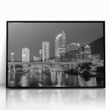 Large abstract wall art depicting the Tampa skyline in muted blue and gray tones on a framed acrylic print.