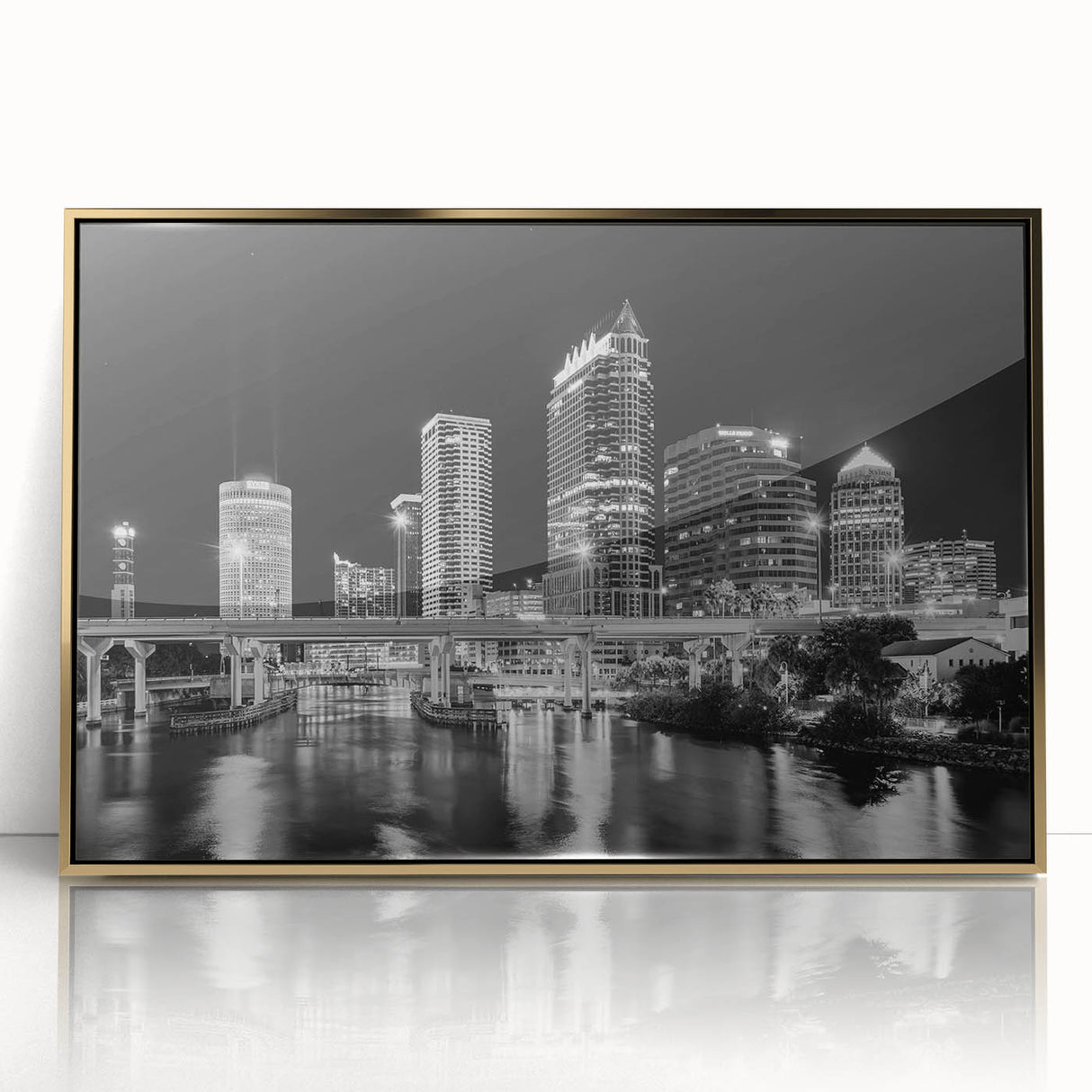 Framed acrylic print of Tampa skyline in gold and blue tones, ideal for modern art wall decor.