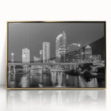 Framed acrylic print of Tampa skyline in gold and blue tones, ideal for modern art wall decor.