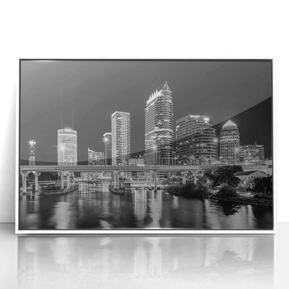 Art Deco-style poster of Tampa skyline in muted colors on a framed acrylic, ideal for modern nursery wall decor.