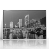 Art Deco-style poster of Tampa skyline in muted colors on a framed acrylic, ideal for modern nursery wall decor.