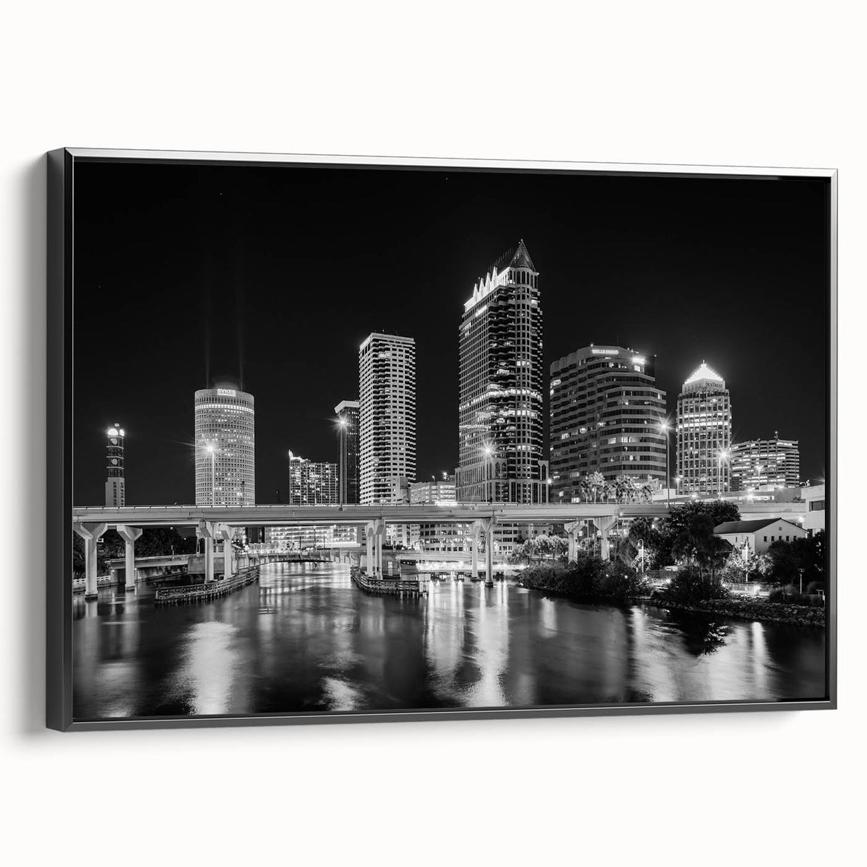 Black and white framed canvas of Tampa landscape, featuring vintage poster art style, ideal for bedroom wall decor.