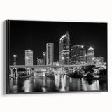 Black and white framed canvas of Tampa landscape, featuring vintage poster art style, ideal for bedroom wall decor.