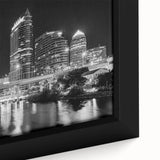 Extra large framed canvas featuring a textured depiction of Tampa's skyline in muted black and colorful art accents.