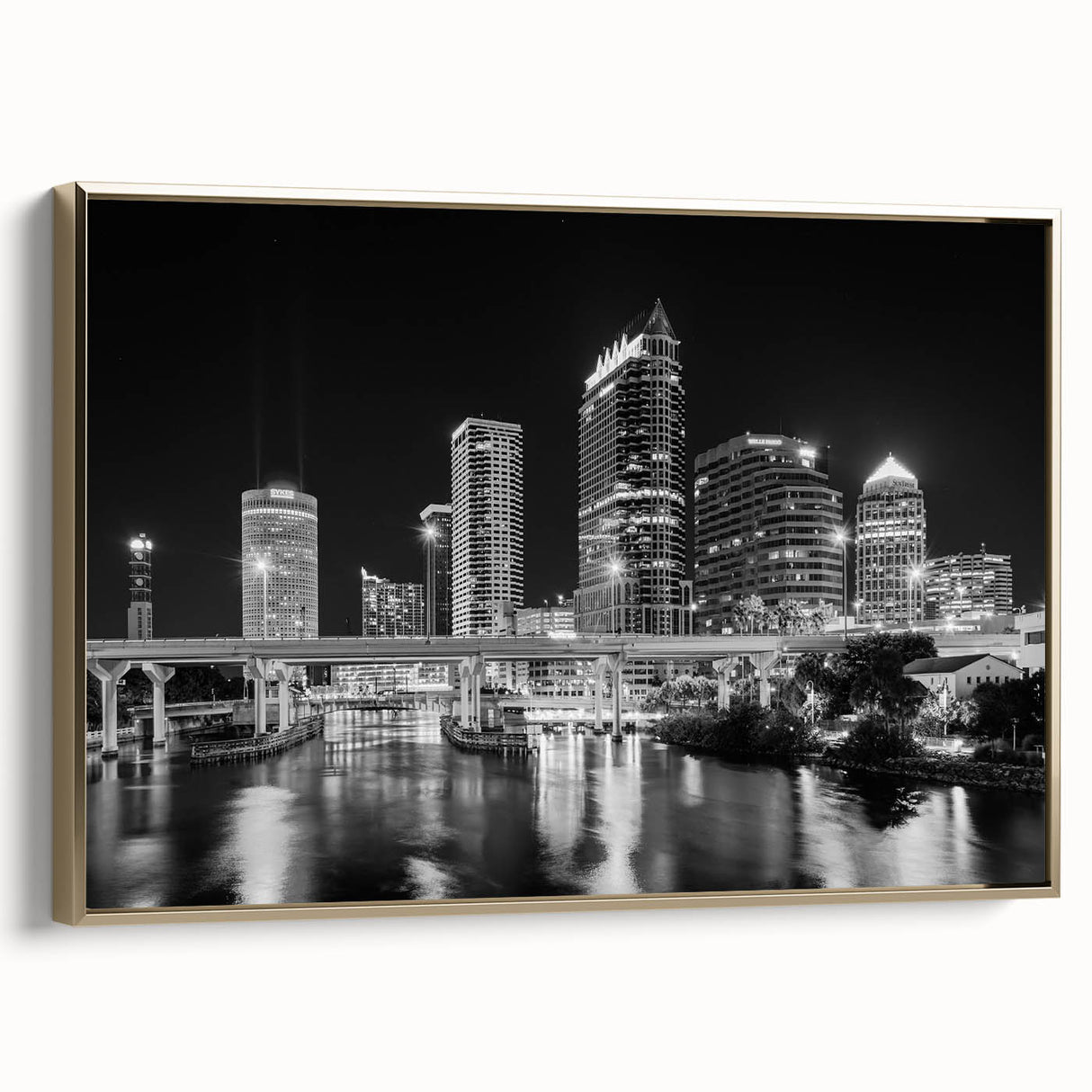 Framed canvas featuring a vintage-style Tampa landscape in muted gold and black tones, ideal for bedroom wall art.