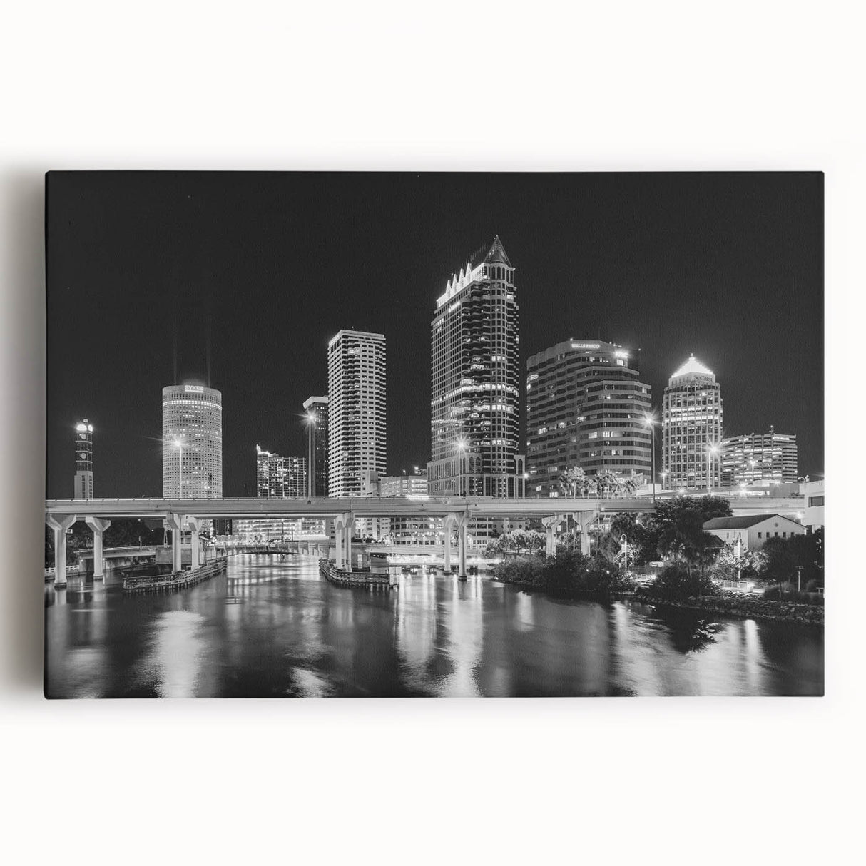 Black and white photograph of Tampa skyline on large stretched canvas, suitable as kitchen wall art.