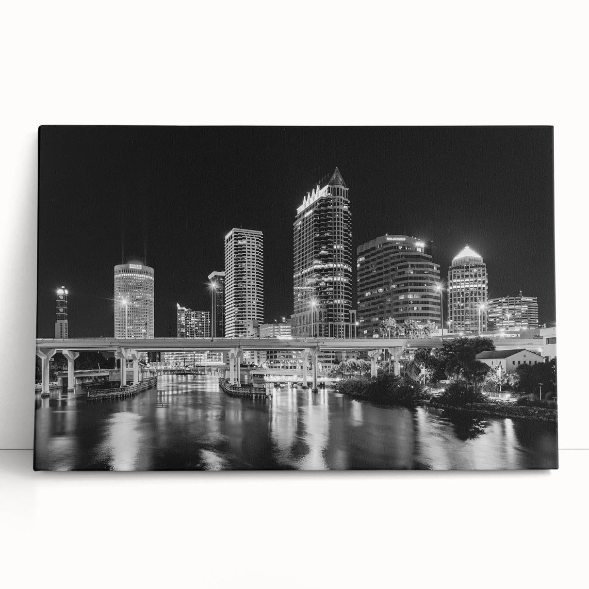 Black and white stretched canvas of Tampa skyline, ideal for kitchen wall art or bedroom ambiance.