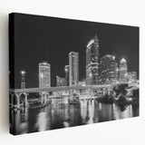 Panoramic view of Tampa skyline in muted blue and orange tones on large stretched canvas, suitable for kitchen wall art.