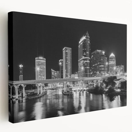 Panoramic view of Tampa skyline in muted blue and orange tones on large stretched canvas, suitable for kitchen wall art.