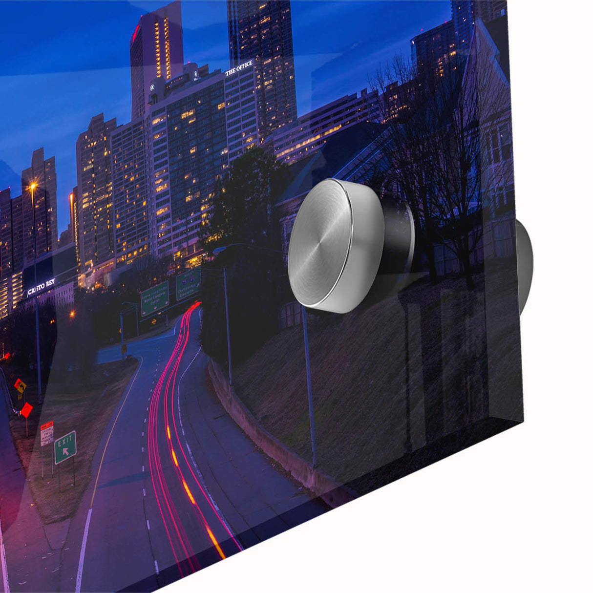 Mid-century modernist Atlanta skyline in muted gray and blue tones on acrylic glass, suitable for dining room art.