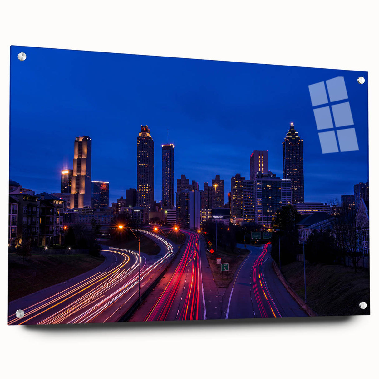 Acrylic print of the Atlanta skyline in muted earth tones, suitable for bedroom or dining room decor.