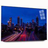 Large acrylic print of the Atlanta skyline in muted blue and gray tones, ideal for bedroom or dining room art.