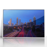 Art deco poster of Atlanta skyline in muted gray and blue tones on a framed acrylic, suitable for modern art wall decor.