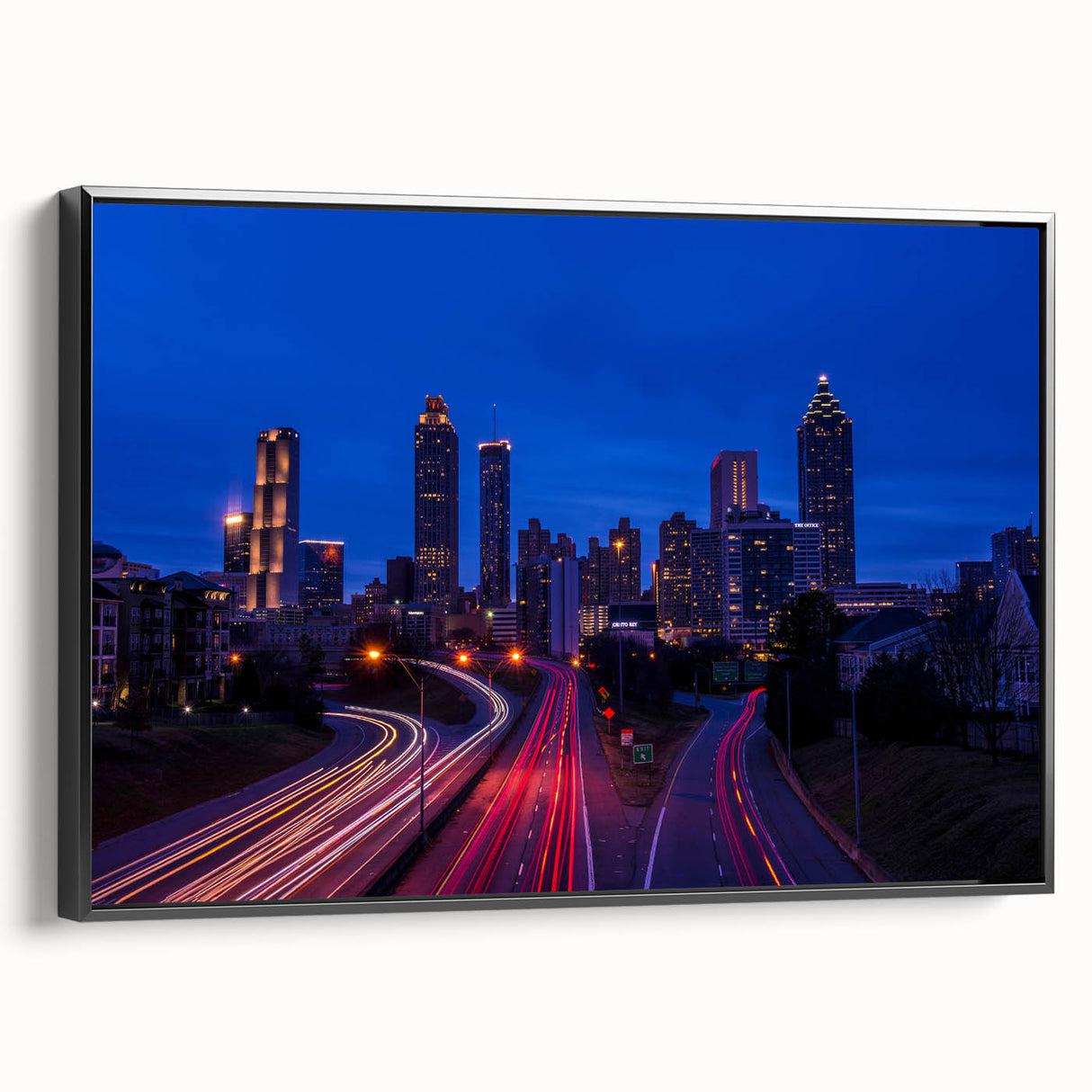 Black and white framed canvas of Atlanta skyline, ideal for bedroom wall art.
